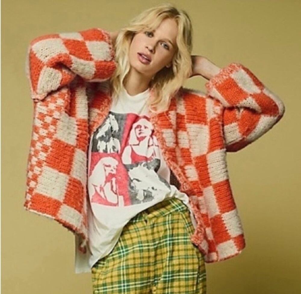 Free People Aldrin Cardi XS/S Oversized Orange Cream Checkered Tennessee Vols